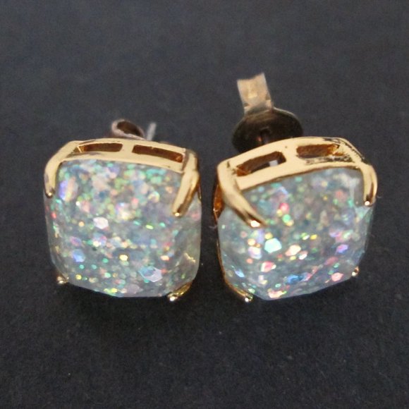 ♠ Kate Spade Opal Glitter Stud Earrings Gold Tone Square Cushion Resin Sparkly - Picture 5 of 12